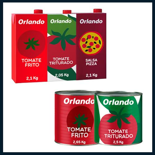 Diversos formatos de Tomate Orlando: brick (frito, triturado y pizza) y lata (frito y triturado)